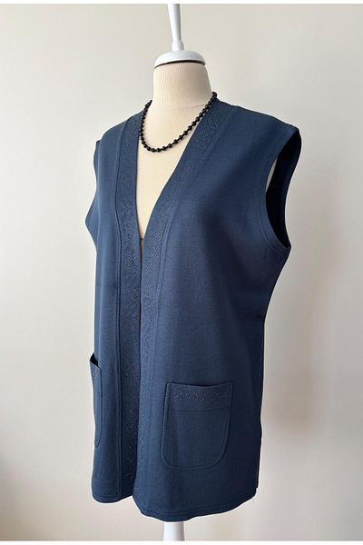 Özenli Triko Blue Steel Knitted Stone Mother Vest Saks