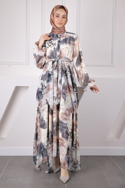 İmajButik Γκρι φόρεμα σιφόν με ζώνη στη μέση