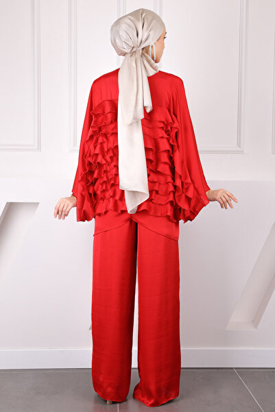 İmajButik Red Frilly Katkat Tunic Trousers Special Design Suit