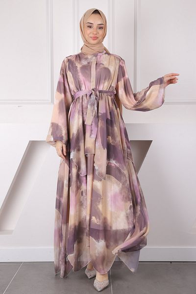 İmajButik Φόρεμα σιφόν με ζώνη σε σκόνη