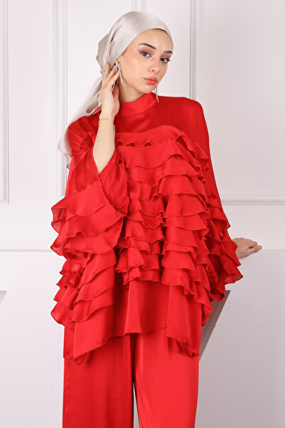 İmajButik Red Frilly Katkat Tunic Trousers Special Design Suit