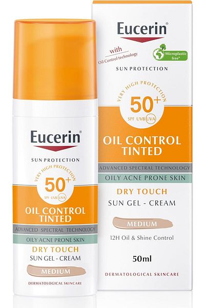 Eucerin Face Sunscreen Oil Control Tinted Gel-High UVA/UVB Protection, SPF 50+ , For Oily Acne-Prone