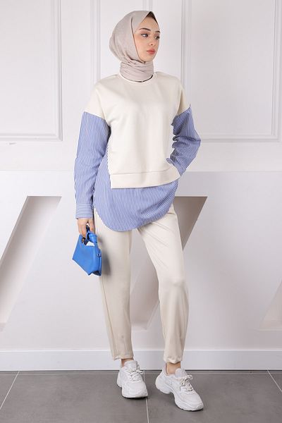 İmajButik Κρεμ Πουκάμισο Garnished Modal Tunic Παντελόνι