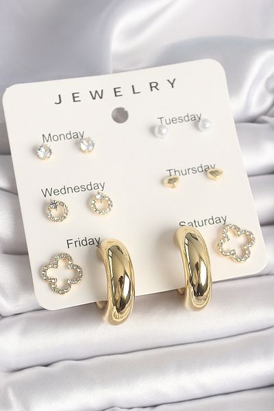 Mu Art Ahşap Brass Gold Color Zircon Stone Clover Hoop Figure Set of 7 Women's Earrings