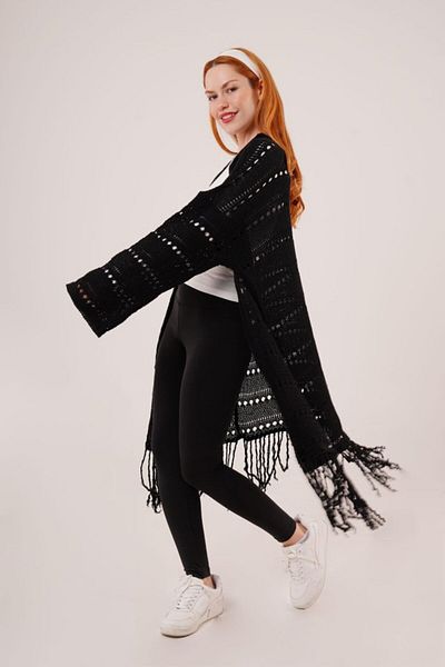 MRA Fashion Perforated Transition Tassel Detail Long Knitwear Black Cardigan