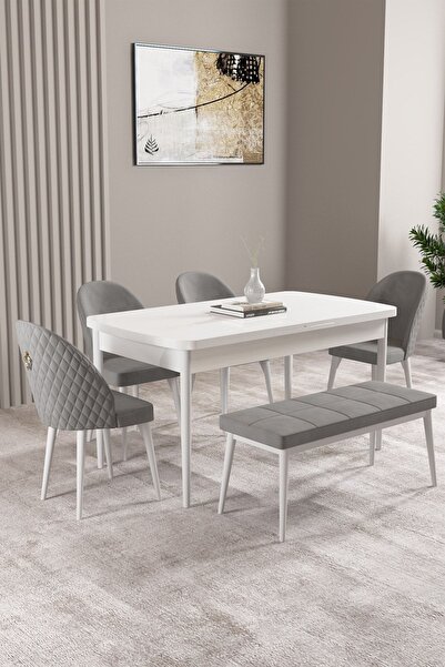asaella mobilya Milas Beyaz 80x132 Mdf Açılabilir Mutfak Masası Takımı 4 Sand...