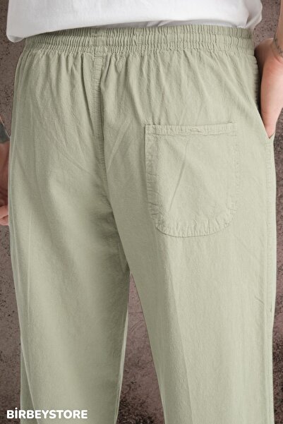 BİRBEYSTORE Yazlık Keten Pantolon Ham Bez Eşofman Beli Lastikli Unisex Rahat Kalıp