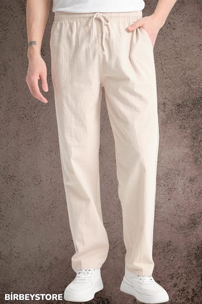 BİRBEYSTORE Summer Linen Trousers Raw Cloth Sweatpants Elastic Waist Unisex Comfortable Fit