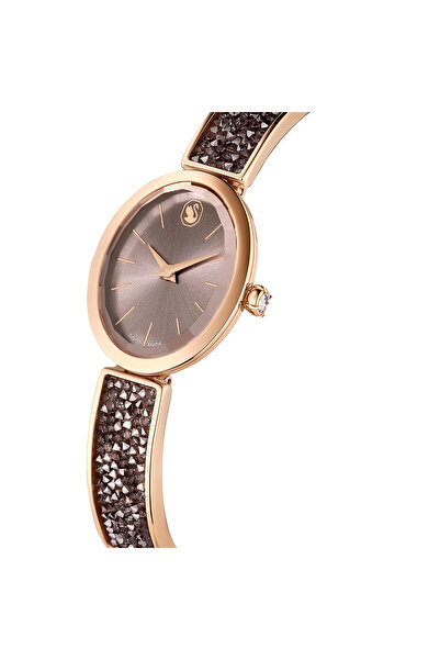 Swarovski Crystal Rock Oval Saat, Isviçre Üretimi, Kristal Bileklik, Gri, Pembe Altın Rengi Yüzey