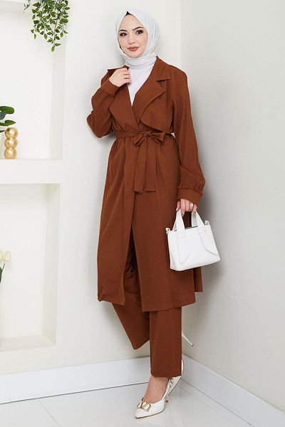 hafsamina Summer Double Breasted Collar Trench Coat Double Suit Khverengi Hm2703