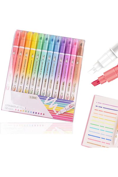 erorex 12 Pcs Erasable Highlighters Chisel Tip Assorted Colors Pastel Highlighters Kit 12 Colors Double