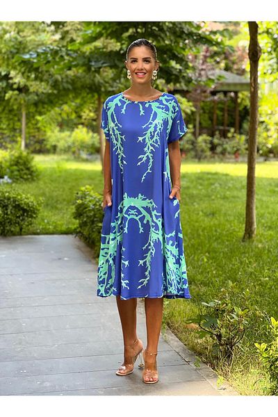 Nevin Kaya Moda Rochie albastră cu model de mare