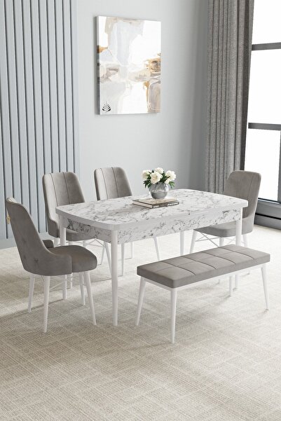 asaella mobilya Jusie Beyaz Mermer Desen 80x132 Açılabilir Mutfak Masası Takı...