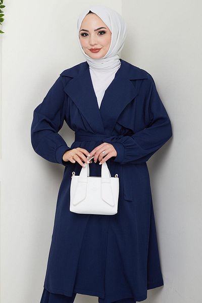 hafsamina Καλοκαιρινό διπλό σετ Rostu Trench Coat, Navy Blue HM2703