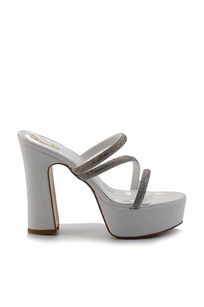 Bambi White Lame Stone Patent Leather Women's Slippers K 04606050308