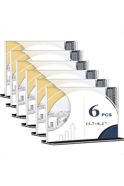 erorex حامل لافتات أكريليك A4، مجموعة من 6 قطع على شكل حرف T، حامل عرض سطح المكتب 29.7 × 21 سم، حامل قائمة ملصقات مزدوج