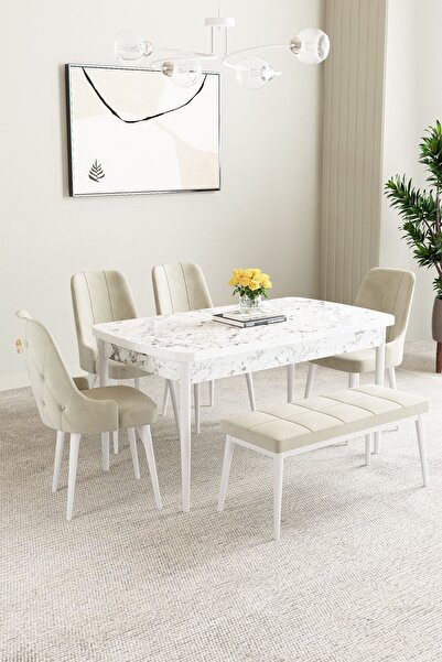 asaella mobilya Mabel Beyaz Mermer Desen 80x132 Açılabilir Yemek Odası Takımı...