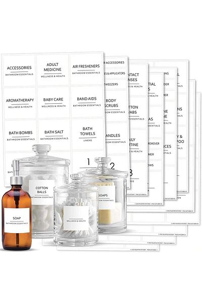 erorex مجموعة ملصقات تنظيم المنزل، 144 قطعة، ملصقات حمام بسيطة مع ملصقات مكياج مطبوعة باللون الأسود