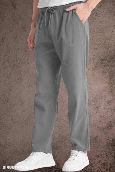 BİRBEYSTORE Yazlık Keten Pantolon Ham Bez Eşofman Beli Lastikli Unisex Rahat Kalıp