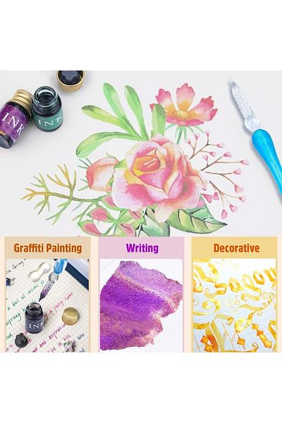 erorex Glass Dip Pen And Ink Set With 2 Calligraphy Crystal Pens And 12 Gold Inks Pen Holder And Cleansing