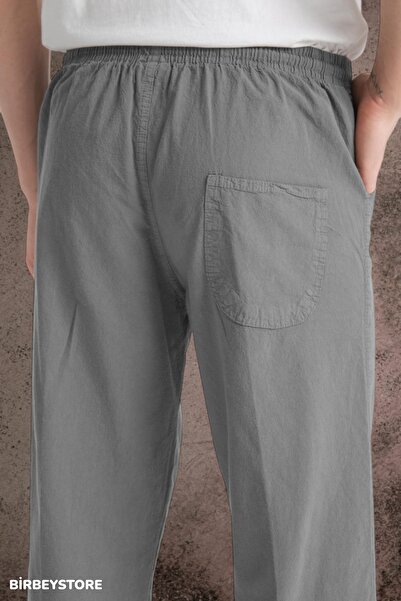 BİRBEYSTORE Yazlık Keten Pantolon Ham Bez Eşofman Beli Lastikli Unisex Rahat Kalıp