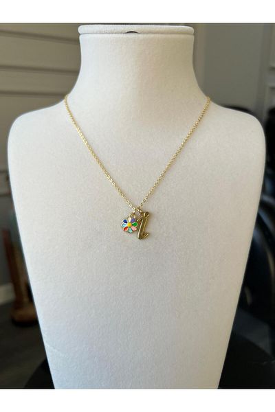 Store Letter Necklace - with Flower Motives Steel Chain
