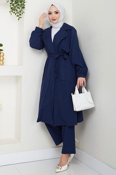 hafsamina Καλοκαιρινό διπλό σετ Rostu Trench Coat, Navy Blue HM2703