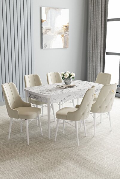 asaella mobilya Jusie Beyaz Mermer Desen 80x132 Açılabilir Yemek Odası Takımı...