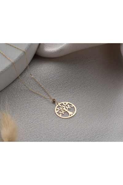 Minimal Kolye 14 ayar altın Hayat Ağacı desenli kolye