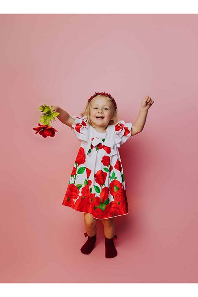 nannie Little Girl's Red Dress With Roses - 5-6 Years