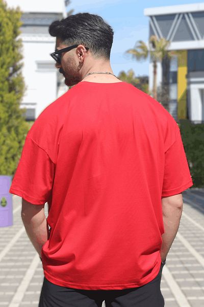 EydaMoon Ανδρικό κόκκινο υπερμεγέθη εύκαμπτο μπλουζάκι από βιολογικό μονόχρωμο χτενισμένο βαμβακερό ύφασμα με κοντό μανίκι Crew λαιμόκοψη