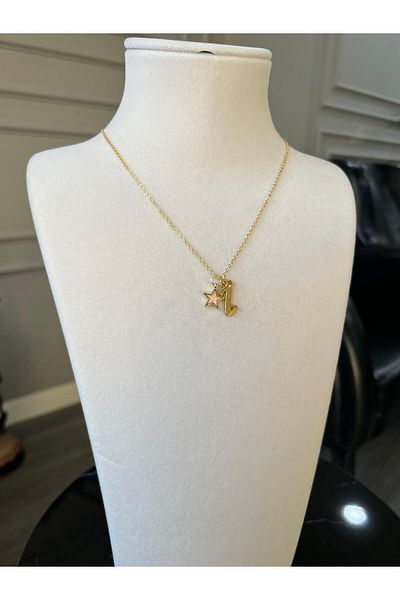 Store Letter I Necklace with Star Charm and Steel Chain