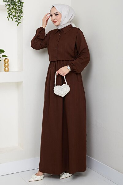 hafsamina Bolerolu Beli Lastikli Elbise Kahverengi HM2702