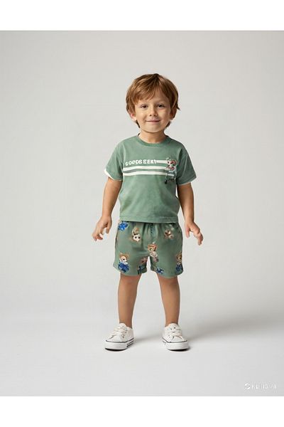 damdamin 100% Cotton "Good Bear" Text and Teddy Bear Printed Tshirt&Shorts Set