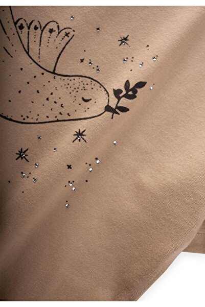 Cigit Beige Bird Printed Stone Detailed Muslin 2-8 Years Old Effects Set