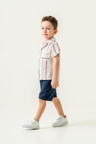 Magu Erkek Çocuk Müslin İki Parçalı Takım  Çizgili Kısa Kollu Gömlek & Şort, Yazlık ve Nefes Al