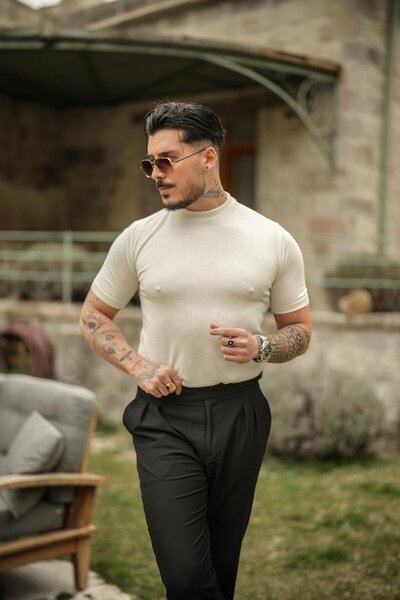 OUTFİT MAN Erkek Basic Triko Slim Fit T-Shirt Beyaz