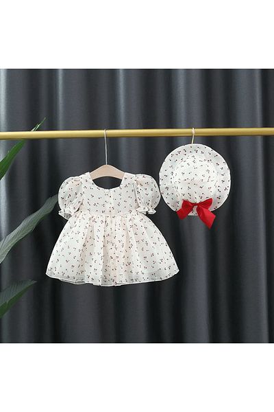nannie White Girl Dress With Cherry Hat - 3-4 years