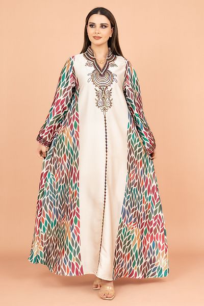 IKKXA Mandarin Collar Embroidered Jalabiya