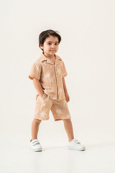 Magu Boys 100% Linen Summer Two-Piece Suit – Palm Print Short Sleeve Shirt & Elastic Waist