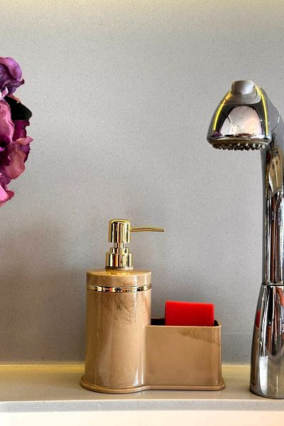 Makri Stylish Gold Color Detailed Liquid Soap Dispenser with Sponge Holder for Kitchen or Bathroom, Domestic Production