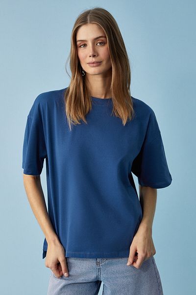GRIMELANGE Jemmy Women's 100% Organic Cotton Relaxed Fit Slit Round Neck Navy Blue T-Shirt