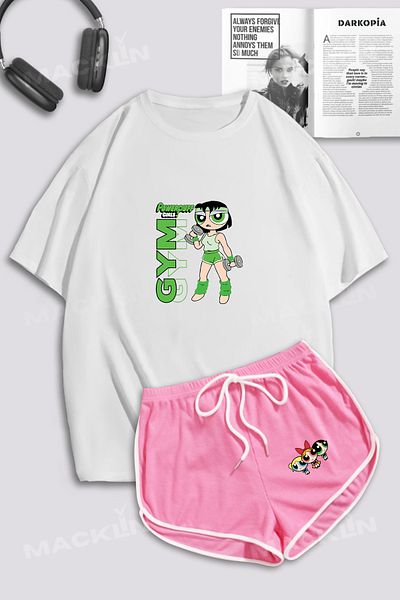 macklin Γυναικεία PowerPuff Girls Buttercup GYM εμπριμέ μπλουζάκι μεγάλου μεγέθους και μίνι σορτς με λεπτομέρεια με σκίσιμο
