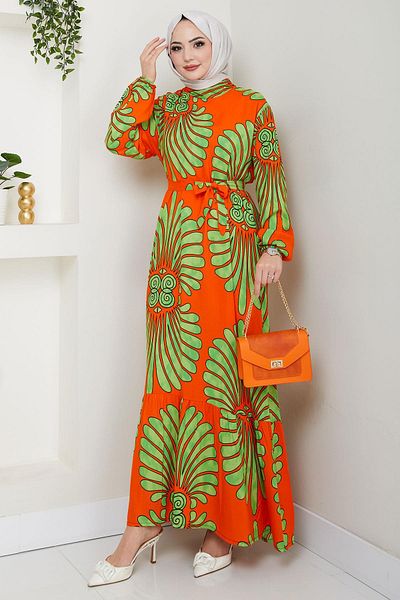 hafsamina Almina Patterned Summer Viscose Dress Orange Hm2707