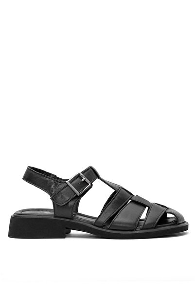 Venüs Γυναικεία Μαύρα Σανδάλια Flat Γνήσιο Δέρμα 25322533Y