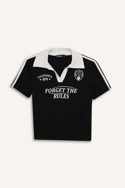 DeFacto Tricou cu mânecă scurtă cu mânecă scurtă, cu guler polo, cu imprimeu, sezon nou