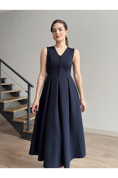 Lusin Rochie midi de damă bleumarin cu decolteu în V cu detaliu cu nasturi
