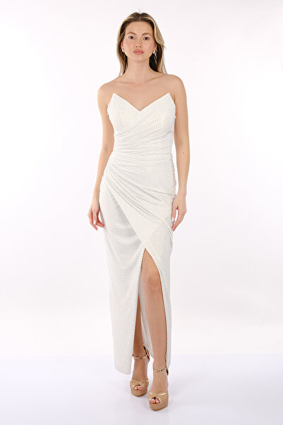 ANKYRA Buzi Taş Detaylı Straplez Önden Yırtmaçlı Abiye Elbise 24Y1705