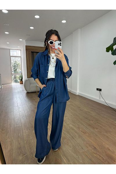 2she Pocket Detailed Elastic Waist Denim Suit - Navy Blue