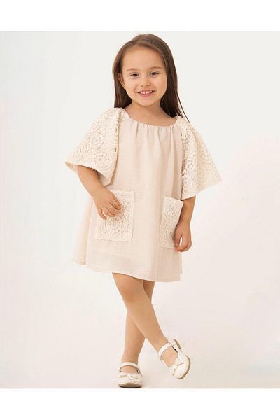 Pasur Bebe Girl's Wide Sleeve Detail Pocket Muslin Dress